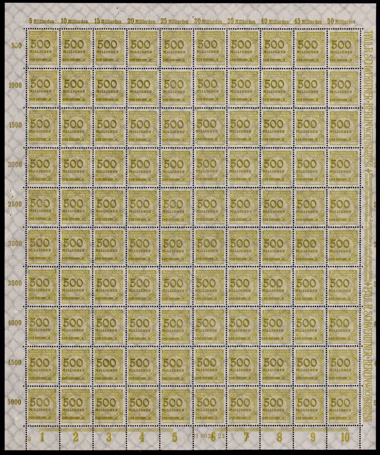 Post War 1923 Germany Hyperinflation Inflation Issue 5,000,000,000 Mark Michel DR 324APUu Full Sheet: This complete mint sheet originates from the German Reich Inflation Series issued during the final phase of the 1923 hyperinflation crisis, a period marked by unprecedented monetary collapse and extre