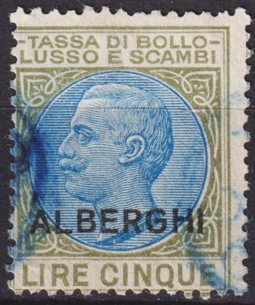 Post War 1923 Italy Revenue Hotel Tax 5 Lire ALBERGHI Unificato CA12b: This Italian revenue stamp was issued in July 1923 for use as a fiscal adhesive connected with hotel taxation and luxury exchange duties, officially designated Tassa di bollo lusso e scambi. The stamp