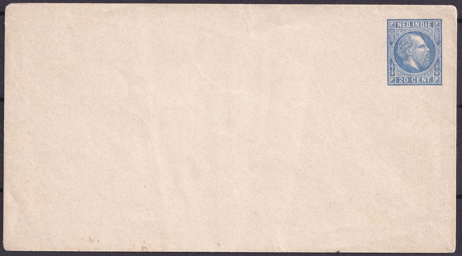 Netherlands East Indies 20 Cent Postal Stationery Envelope Unused ca 1870s: An original unused pre-paid postal stationery envelope issued for use in the Netherlands East Indies during the late 19th century, bearing an imprinted 20 Cent indicium in blue at upper right inscribe