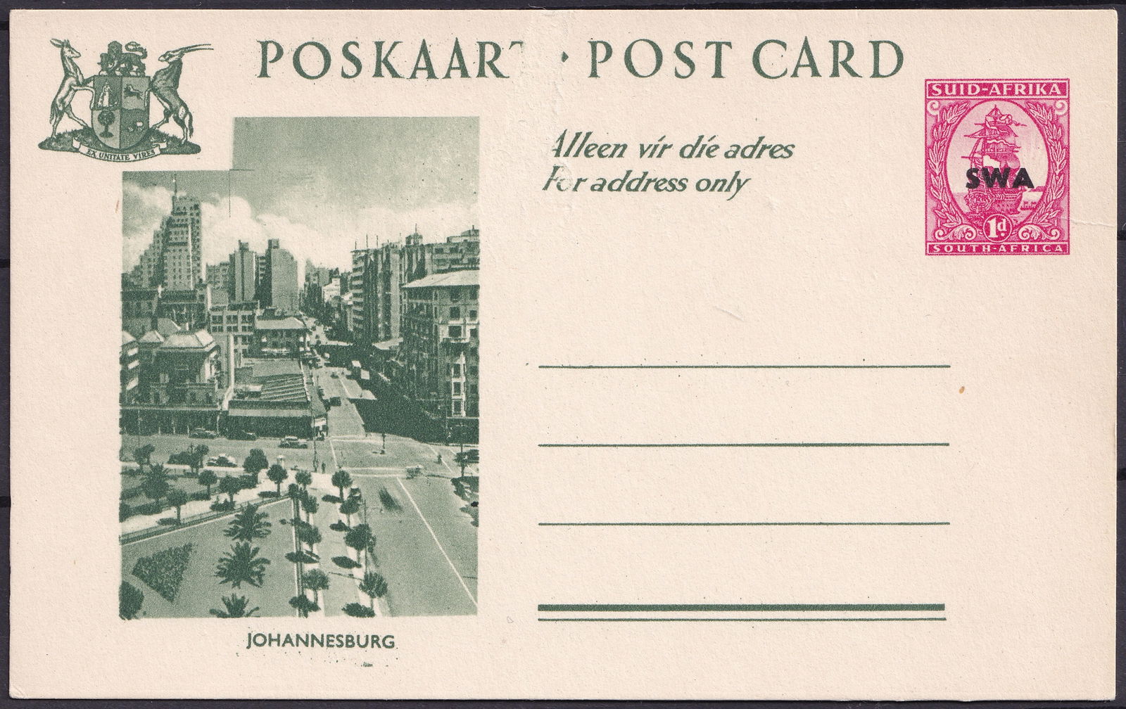 British colonial South West Africa 1d SWA Overprint Post Card Johannesburg Unused (1 of 2)