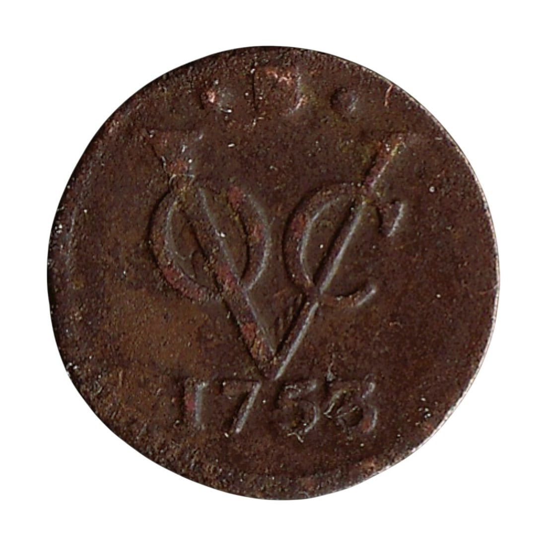 Dutch East India Company 1752 VOC 1/2 Duit KM112.1 Netherlands East Indies Copper: A copper 1/2 Duit struck in 1752 for circulation in the Netherlands East Indies under the authority of the Dutch East India Company, catalogued KM112.1. Minted at the Royal Dutch Mint in Utrecht betwe