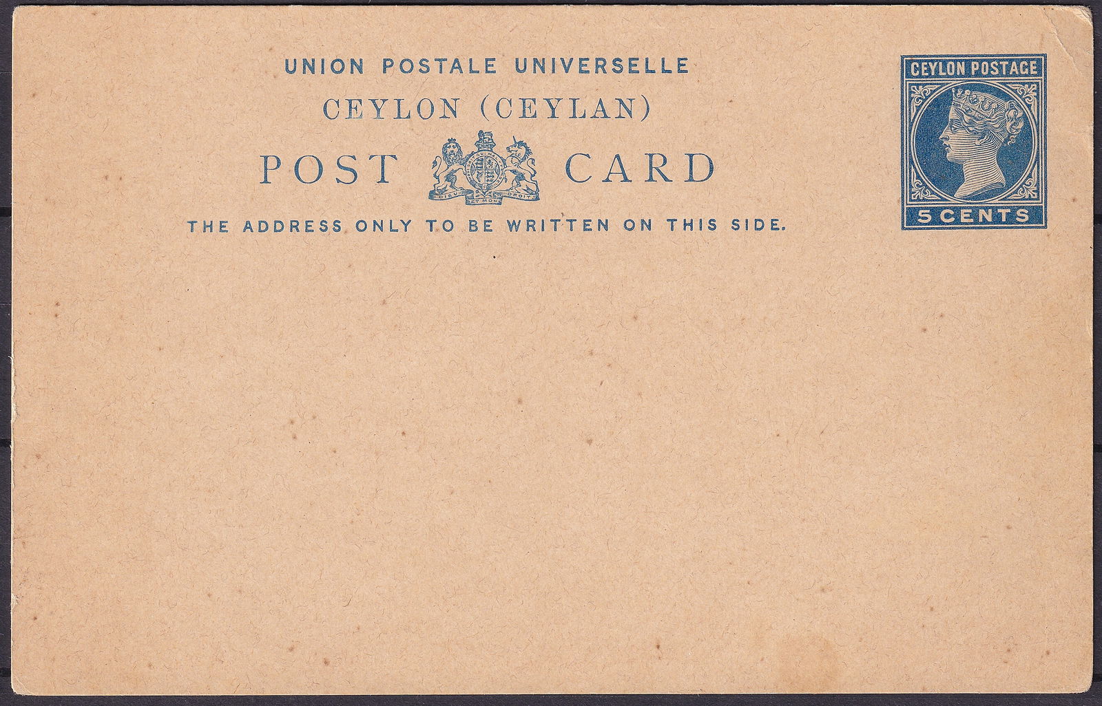 British colonial Ceylon 5 Cents UPU Queen Victoria Postal Card Mint Unused: This original postal stationery card was issued by Ceylon during the reign of Queen Victoria and is inscribed “Union Postale Universelle Ceylon Ceylan,” indicating its validity for internation