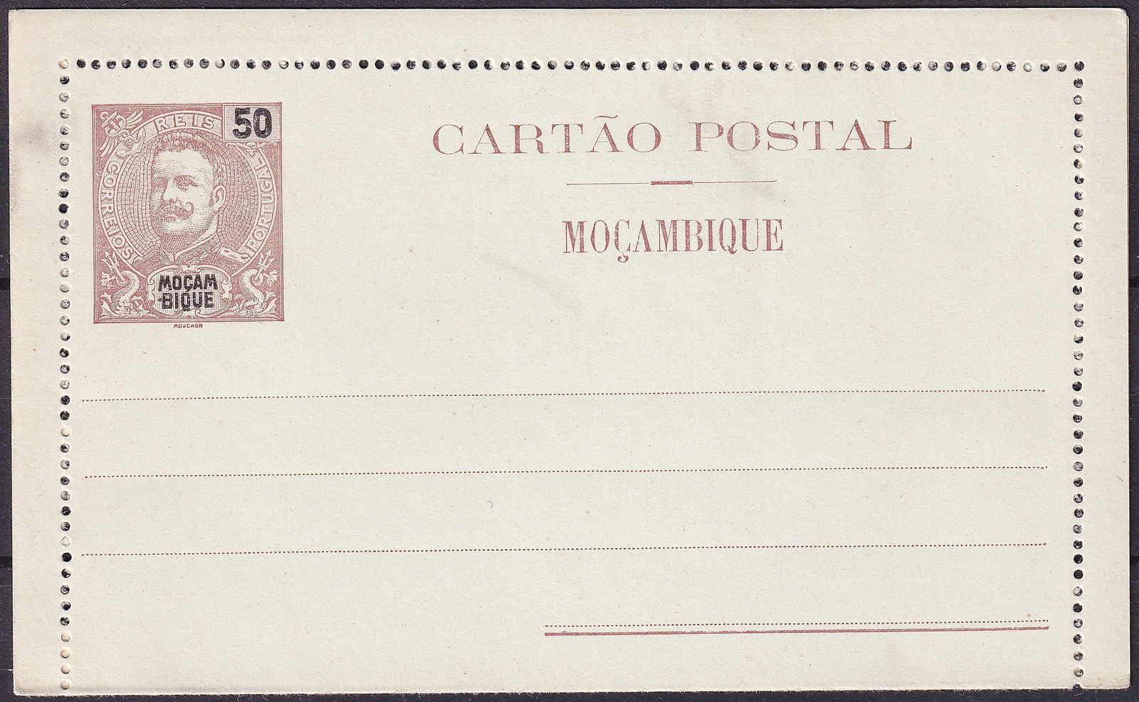 Portuguese colonial Mozambique 50 Reis King Carlos I Postal Card Overprint Mint: This original postal stationery card was issued for Portuguese Mozambique and bears the printed heading “Cartão Postal Moçambique.” The indicium at upper left features the portrait of King C
