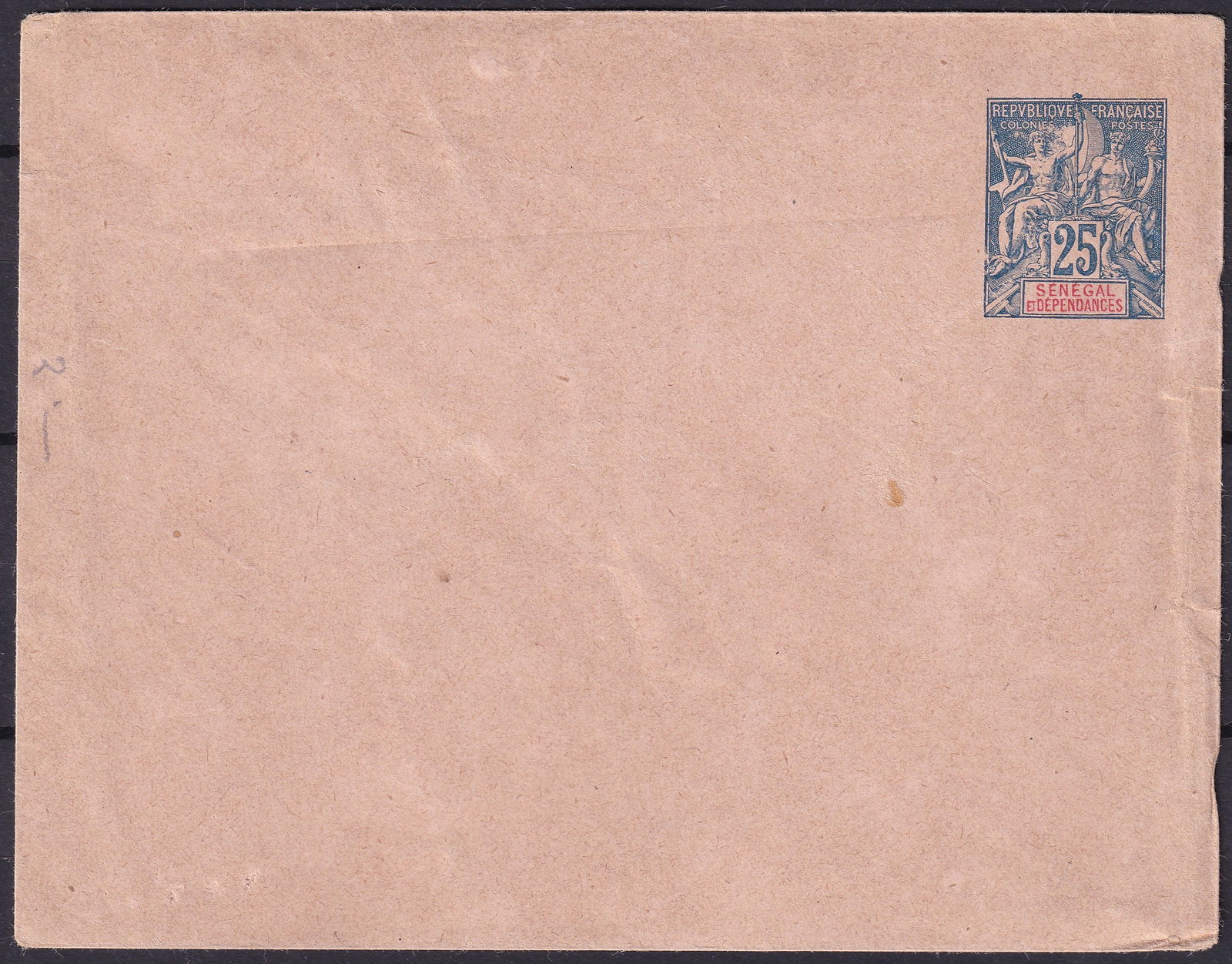 French Senegal 25c Allegory Colonial Postal Envelope Mint Unused: This original postal stationery envelope was issued for Senegal and its Dependencies under French colonial administration and bears the classic allegorical design inscribed “Republique Francaise Col