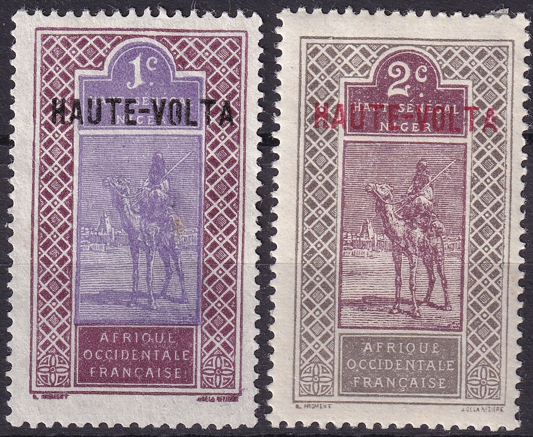 French colonial 1920 Upper Volta Scott 1 2 Camel Overprint MNH: This pair of mint never hinged colonial postage stamps was issued for Upper Volta in December 1920 and consists of the 1 centime and 2 centimes values from the overprinted series derived from the Defi