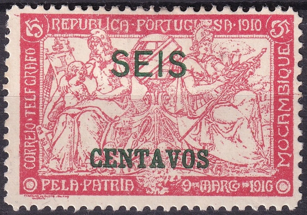 Portuguese colonial 1918 Mozambique SG 308d 6C War Tax TELFGRAFO Error: 1918 Mozambique War Tax overprint 6 Centavos Stanley Gibbons 308d representing the scarce error variety with the inscription TELFGRAFO instead of TELEGRAFO in the left side panel. This issue originate