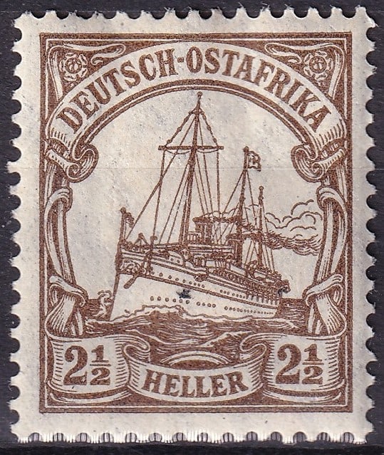 1906 German East Africa SG 34 2½ Heller Yacht WMK: 1906 German East Africa 2½ Heller Yacht issue Stanley Gibbons 34 Michel DR-OA 30I from the watermarked Imperial Yacht series depicting the Hohenzollern. Issued 30 January 1906 for use in Deutsc