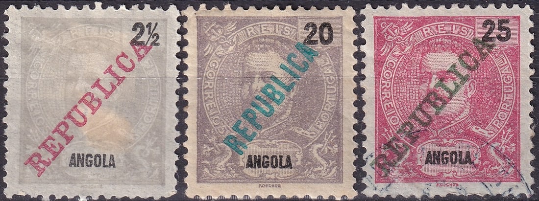 Portuguese colonial 1911 Angola SG 151 155 156 Republica Overprints MH: 1911 Angola King Carlos I definitive issue overprinted REPUBLICA comprising 2½ Reis Stanley Gibbons 151 Michel AO 88, 20 Reis Stanley Gibbons 155 Michel AO 92, and 25 Reis Stanley Gibbons 156 M