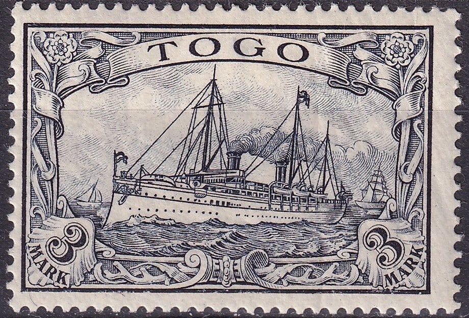 German colonial 1900 Togo SG G18 3 Mark Yacht Issue MNH: 1900 Togo 3 Mark Imperial Yacht issue Stanley Gibbons G18 Michel DR-TG 18 from the definitive series inscribed TOGO and denominated in German currency. Issued in November 1900 for use in the German co
