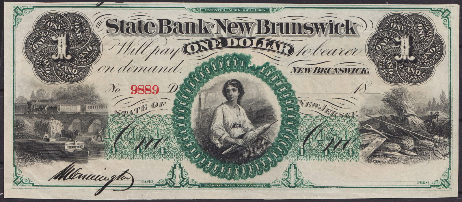 1860s USA State Bank of New Brunswick $1 Obsolete Banknote (1 of 2)