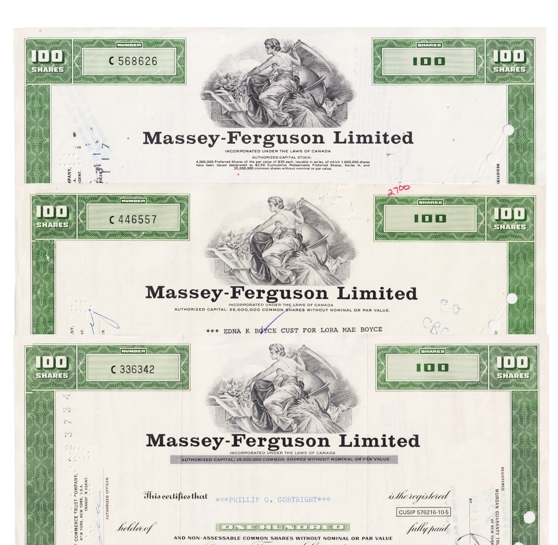 1970-1976 Massey-Ferguson Stock Certificates, Set of Three, Canada: This set of three historic stock certificates issued by Massey-Ferguson Limited between 1970 and 1976 reflects the corporate and financial legacy of one of Canada?s most important industrial manufactu