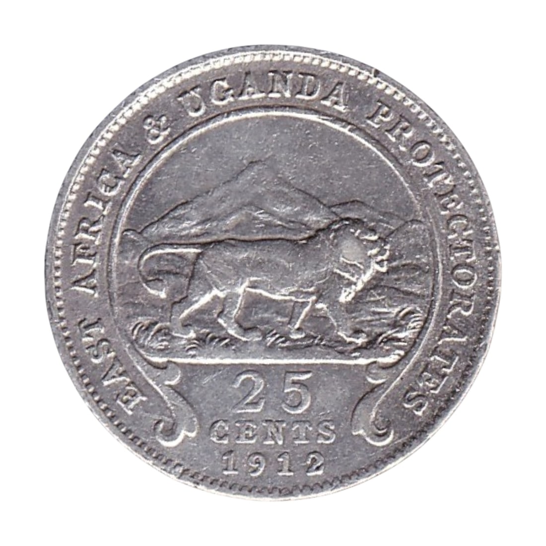 British 1912 East Africa & Uganda 25 Cents Silver Coin KM#10 George V: This elegant silver 25 cents coin was issued in 1912 under King George V for the East Africa and Uganda Protectorates, minted at the Royal Mint in London. Composed of .800 fine silver with a weight of