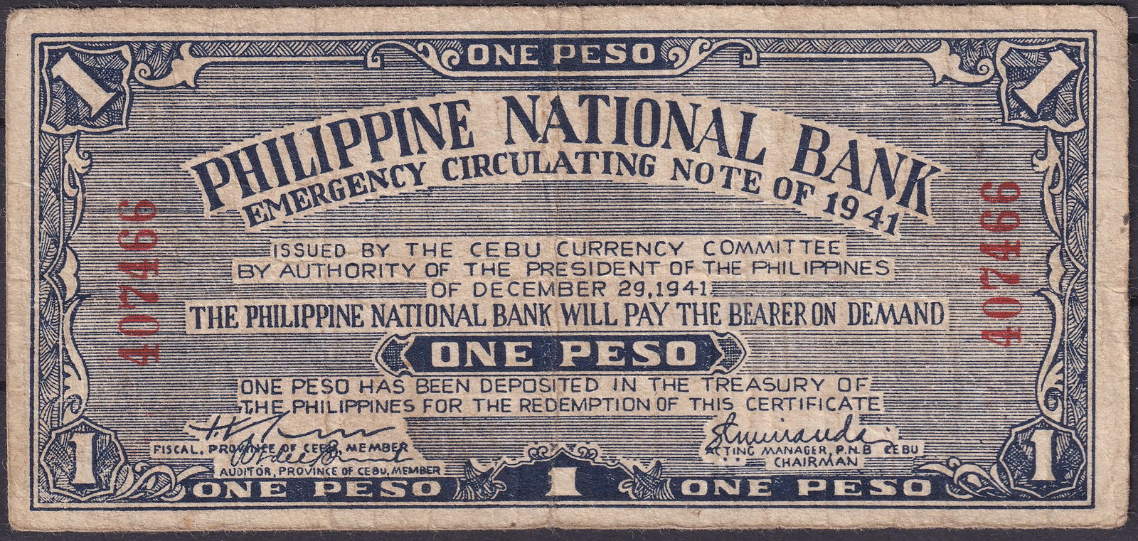Philippines 1941 PNB Cebu One Peso Emergency Note P S658 (1 of 2)