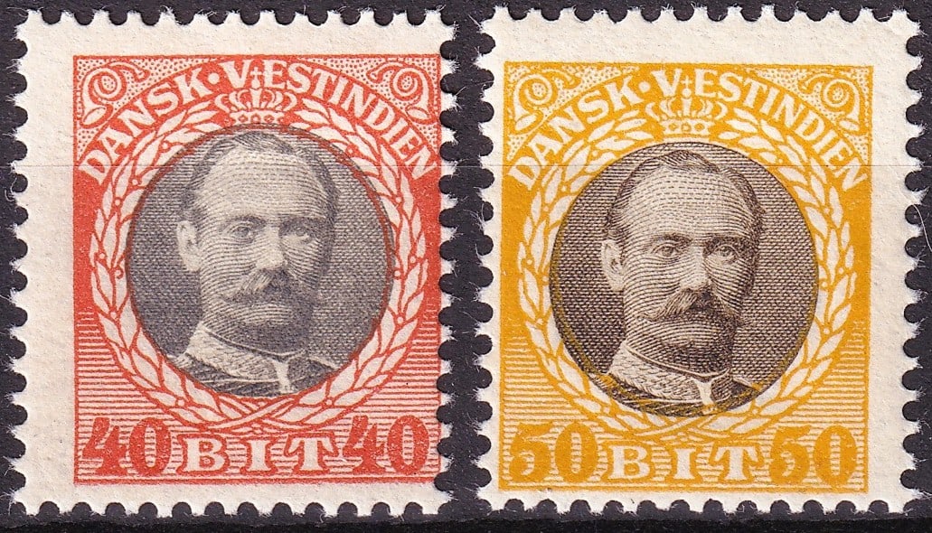 1908 Danish West Indies Scott 49 50 King Frederik VIII 40b 50b MNH Pair: This attractive mint pair originates from the Danish West Indies definitive series issued in 1908 depicting King Frederik VIII of Denmark. These stamps were produced for use in the Danish Caribbean co