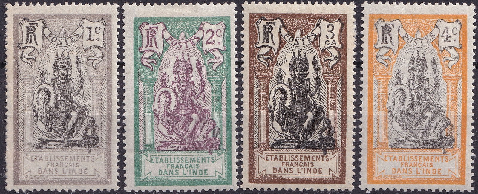 1914 French India Brahma series, 1c–4c full MNH set, SG FR-IN 26–29: This beautifully preserved mint never hinged (MNH) set from French India features the iconic "Brahma and Kali Temple" design, issued in 1914 and used through the early 1920s. The stamps, designed by E