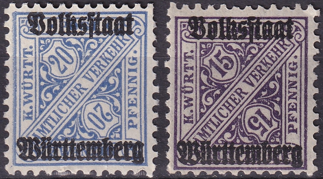 1919 Wurttemberg Volksstaat Officials Scott O155 Michel 263 264b MNH Pair: A scarce and attractive mint never hinged pair from the 1919 Official State use overprint issue of Wurttemberg, issued during the immediate post-Imperial transition into the Volksstaat period. This lo