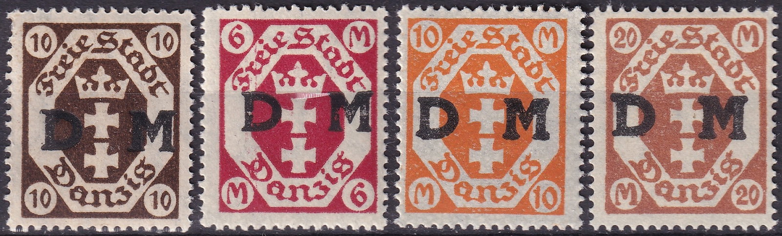 1920 Post War Danzig Dienstmarken DM Overprint Scott O6 O8 O9 O10 MNH: An attractive mint never hinged group of four official service stamps from the early Free City of Danzig period, issued shortly after the establishment of the semi-autonomous state under the Treaty of