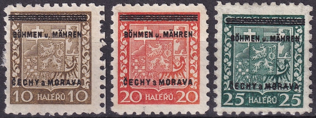 1939 Bohemia and Moravia Overprint Issues Scott 19 21 22 MNH: A mint never hinged trio from the early issues of the German Protectorate of Bohemia and Moravia, created following the occupation of Czechoslovakia by Germany in March 1939. The lot includes the 10 h
