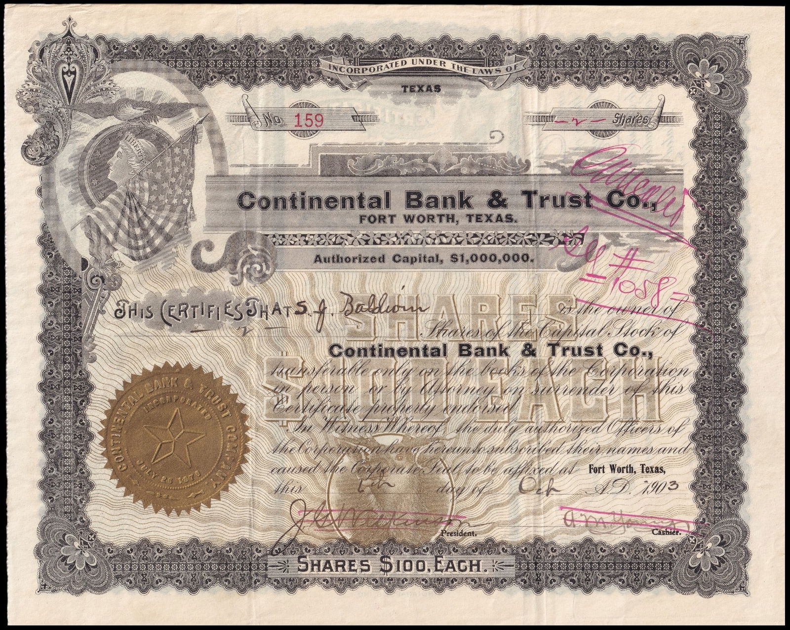 1903 Texas Continental Bank and Trust stock certificate Fort Worth (1 of 2)