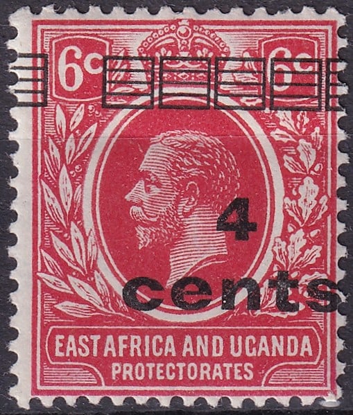 1919 East Africa and Uganda Scott 62 4 cents OVP: This scarce provisional issue from the East Africa and Uganda Protectorates was created in 1919 when changing postal rates after the First World War required rapid surcharges on existing stocks rather