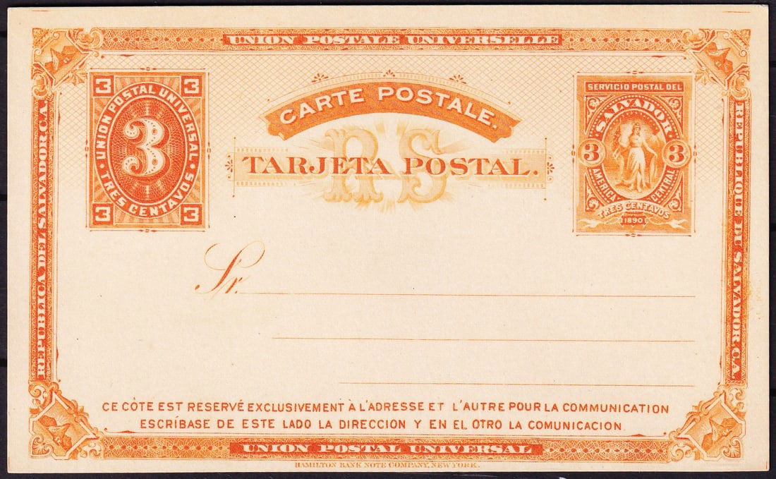1890 El Salvador Postal Card, 3 c Liberty Allegory, Hamilton Bank Note: This uncirculated postal stationery card from El Salvador, dated 1890, is a striking example of 19th-century Central American design and international postal standardization. Printed by the esteemed H