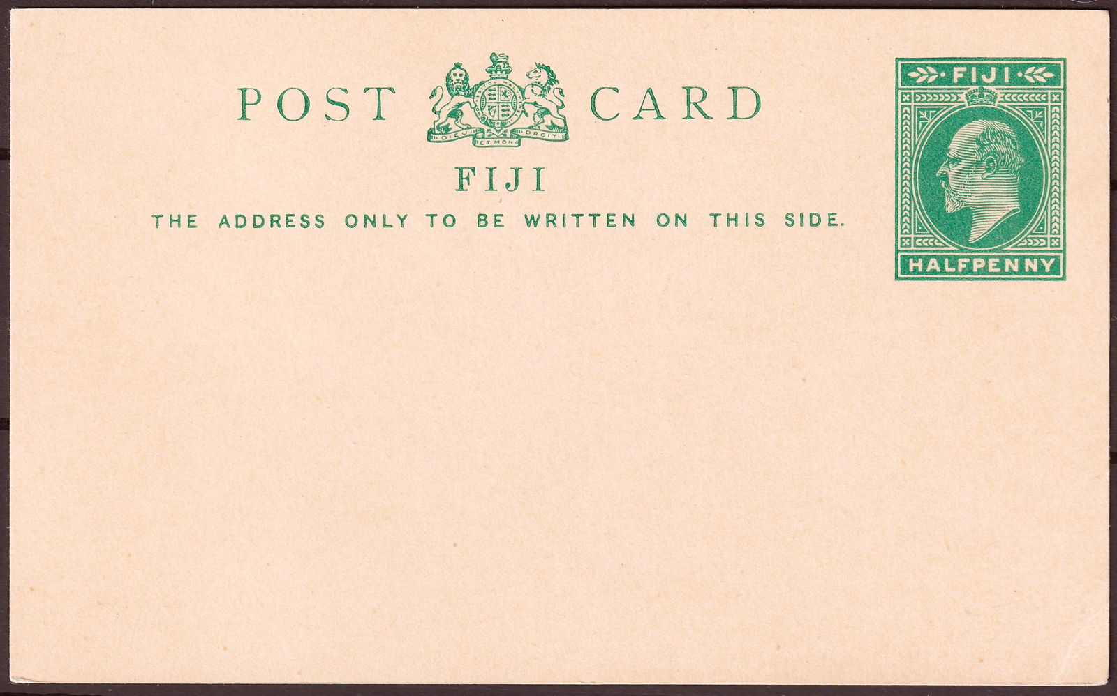 1904 Fiji Edward VII Halfpenny Postal Stationery Postcard: This unused 1904 Fiji postal stationery postcard represents an elegant period in imperial communication when printed cards provided an economical official way to send messages across islands trade rou