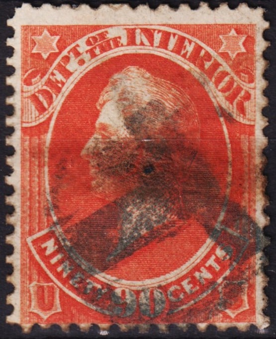 1873 USA Official 90 cent Dept. of the Interior, Daniel Webster, Scott O15: This striking U.S. Official stamp was issued in 1873 for the Department of the Interior, denominated at 90 cents and printed in vivid orange-red. Bearing the portrait of statesman Daniel Webster facin