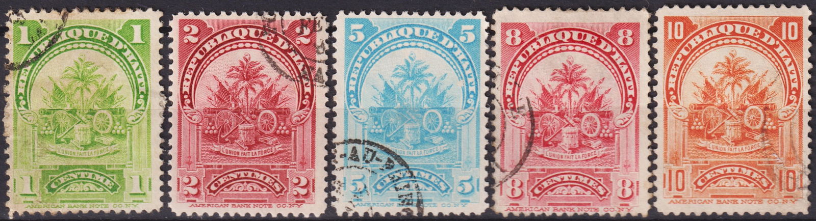 Haiti 1898–1899 Coat of Arms Issue, 1c–10c, Scott #53–62 Used: An attractive selection of early Republic of Haiti Coat of Arms definitives printed by the American Bank Note Company between 1898 and 1899, comprising denominations from 1 centime to 10 centimes. Exe