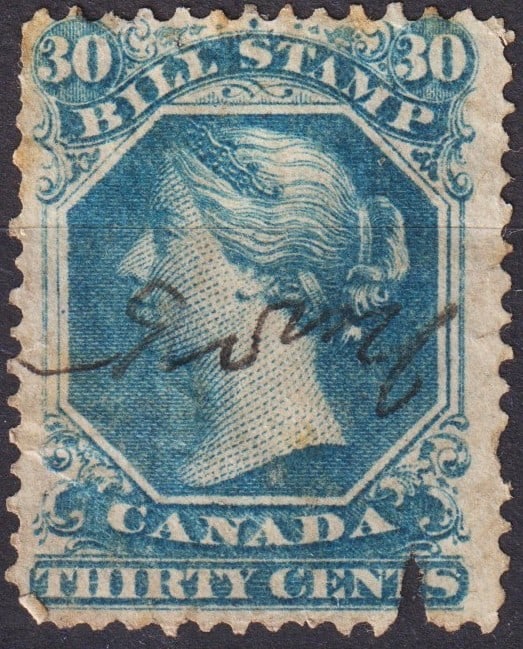 Canada 1865, Bill Stamp 30¢ Queen Victoria, Barefoot B29: Issued in 1865, this Canadian revenue stamp belongs to the Bill Stamp series and features the finely engraved profile of Queen Victoria, adorned with diadem and classical styling, a design that symbol