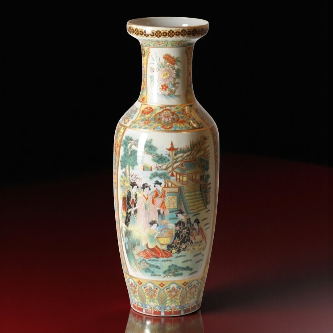 Circa 1950s Japanese Floor Vase with Court Scene and Gilded Floral Motifs: This impressive Japanese porcelain floor vase, standing approximately 61 cm tall, is a vibrant and intricately decorated example of mid-20th century Satsuma-style export ware. Produced circa 1950s in
