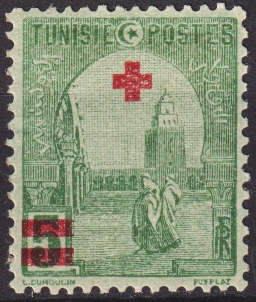 French Tunisia 1916 Red Cross Semi-Postal 5c Green Mosque, Michel TN 51, Mint: This scarce semi-postal issue from Tunisia, released on February 15, 1916, was printed to support the Red Cross during World War I. The design, by Jules-Jacques Puyplat and Louis Dumoulin, depicts the