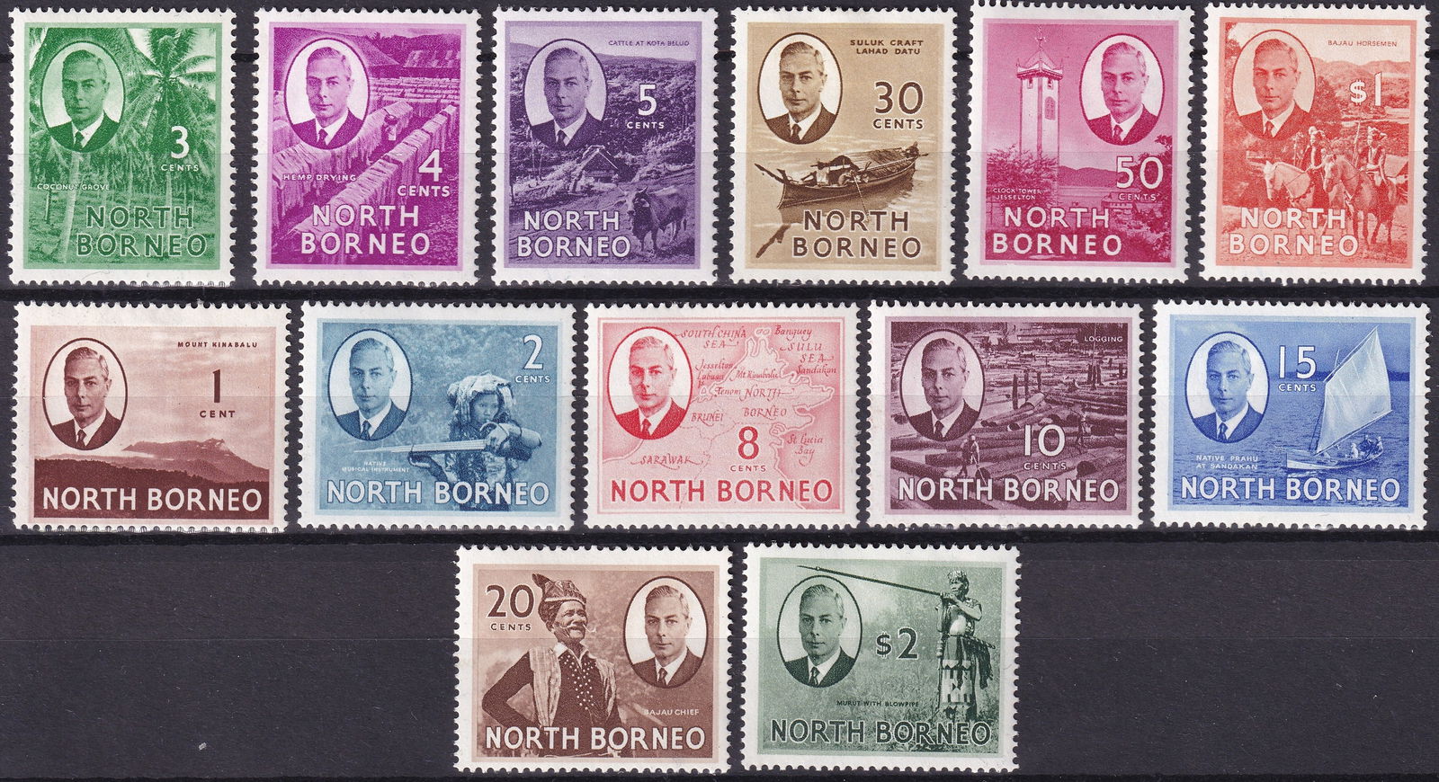 North Borneo King George VI Definitive Set 1950–1952 MNH: This complete definitive set from North Borneo, issued between 1950 and 1952, features King George VI alongside local landscapes, industries, and cultural motifs that provide a vivid portrait of colon