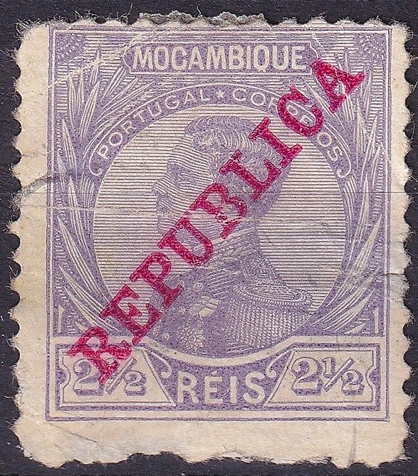 Mozambique 1912 King Manuel II 2½ Reis with REPUBLICA Overprint: Issued in 1912, this Mozambique definitive stamp represents the transitional period following the fall of the Portuguese monarchy and the proclamation of the Republic in 1910. Originally designed with