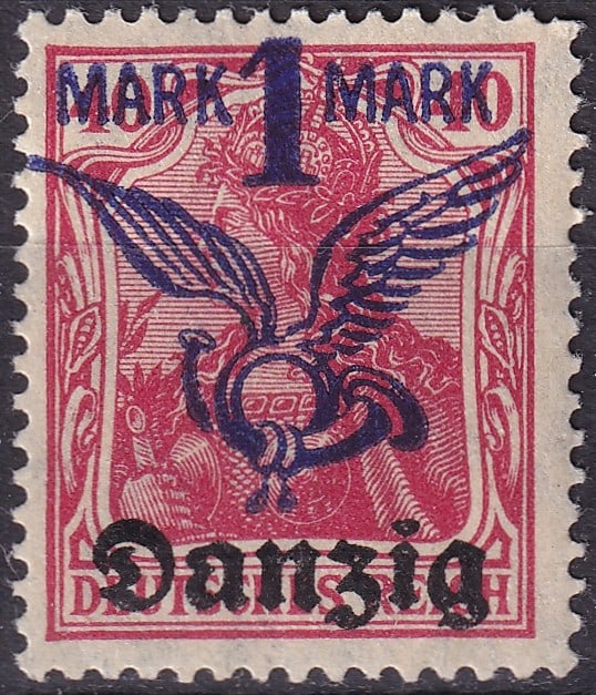 1920 Danzig Airmail Overprint, 1 RM Lilac-Red, MNH, Scott DA C3: Issued on September 29, 1920, this 1 Reichsmark airmail stamp from the Free City of Danzig features a lilac-red design with a bold "Danzig" overprint, signifying its adaptation for local postal use fo
