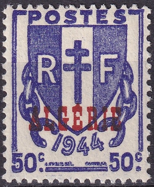 1945 Algeria overprint Cross of Lorraine Scott 198 MNH: This 50 centimes issue for Algeria belongs to the postwar period when French metropolitan designs were adapted for colonial use and overprinted to indicate local postal authority. The design shows the