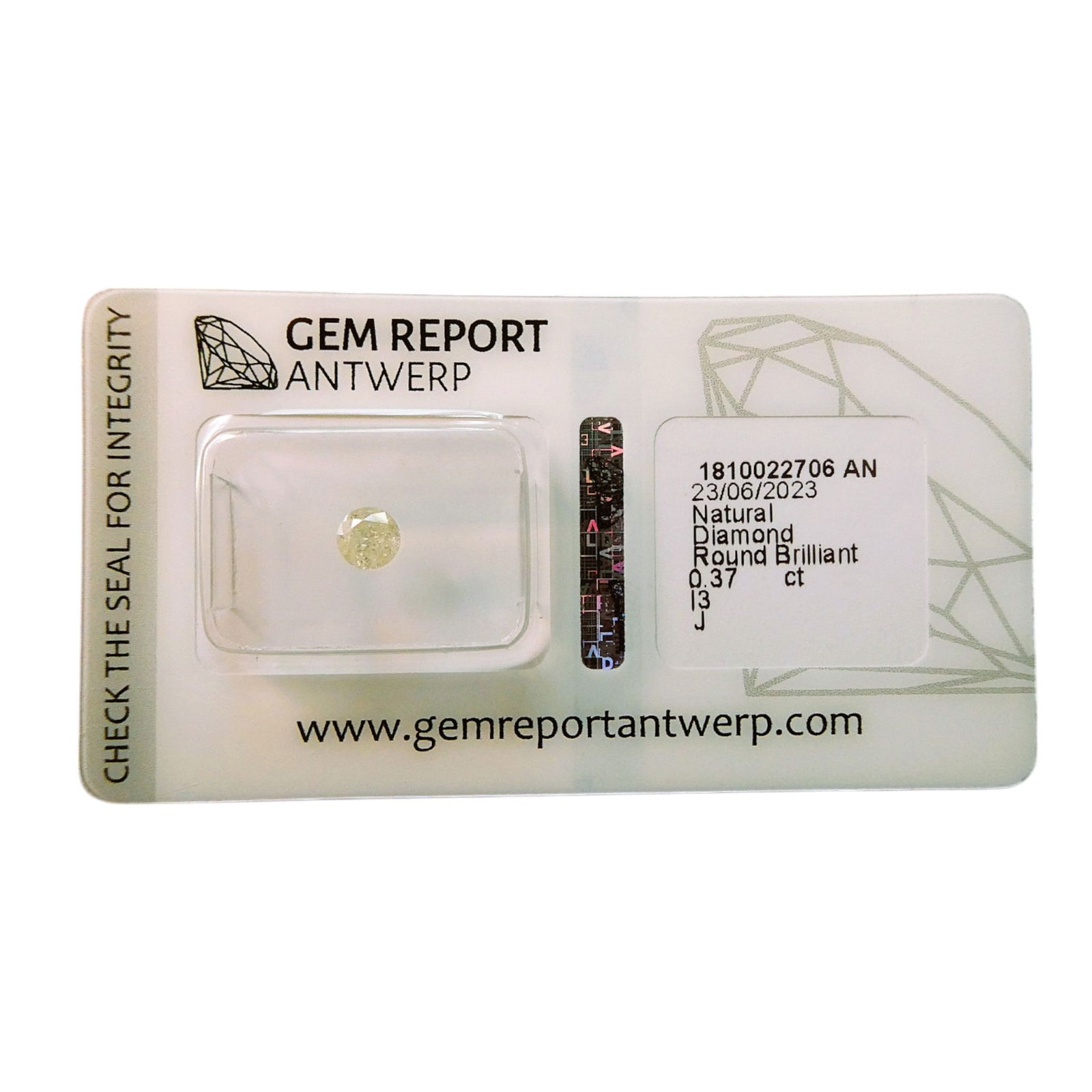 Antwerp Diamond Report, 0.37 ct Natural Round Brilliant, I3 J: This certified 0.37 carat natural diamond, graded and sealed by Gem Report Antwerp, showcases the classic Round Brilliant cut?regarded for its timeless symmetry and optimal light return. Issued on Jun