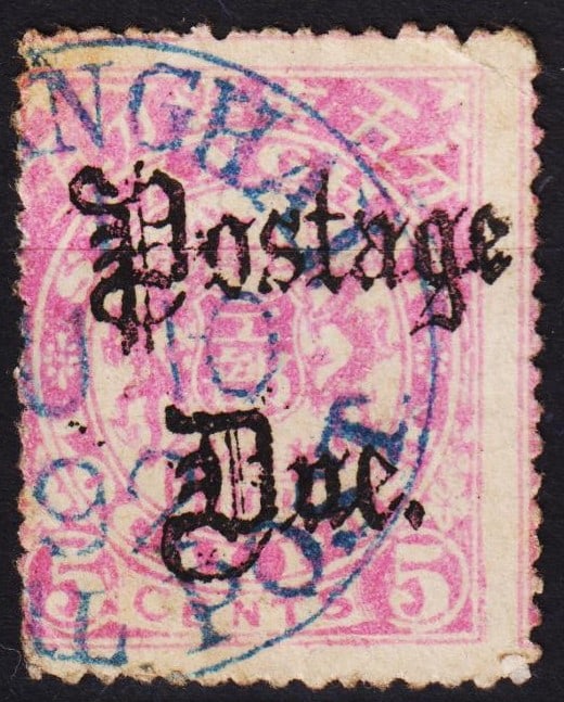 1892 Shanghai, Double Dragon Postage Due 5c rose with black overprint, Scott SH1: Issued on January 7, 1892, this 5 cent postage due stamp from the Shanghai Local Post features the classic Double Dragon motif in pink, with a bold black overprint indicating its use for due mail. Lit