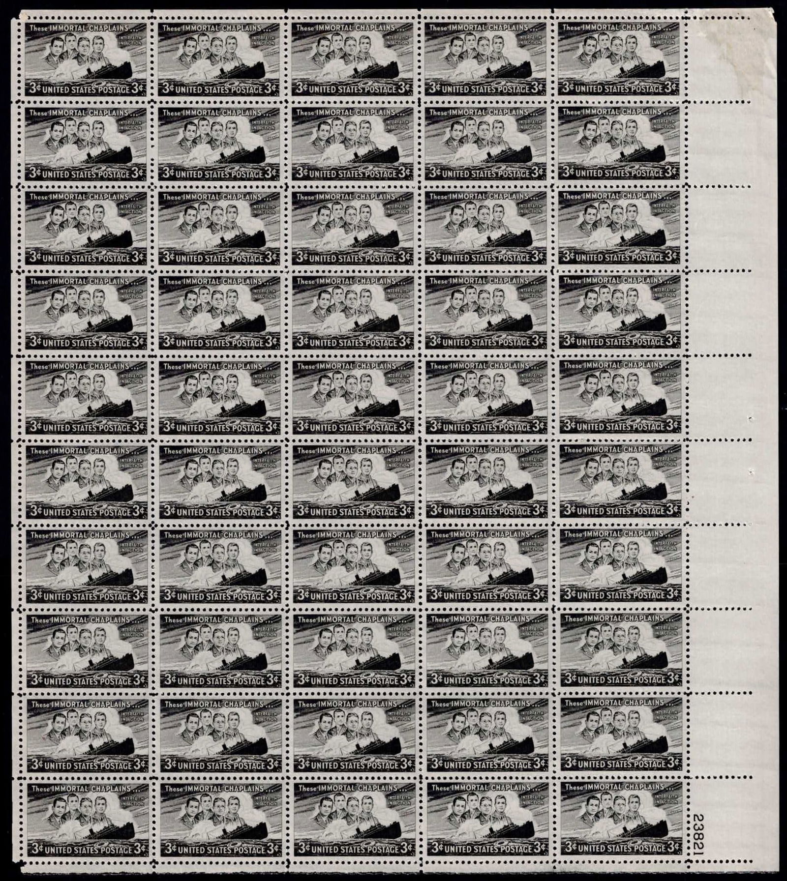 1948 USA 3 cent Immortal Chaplains full sheet of 50, Sc #956: This full unmounted sheet of 50 stamps commemorates the heroic actions of the ?Four Immortal Chaplains” aboard the USAT Dorchester during World War II. Issued by the United States Postal Service