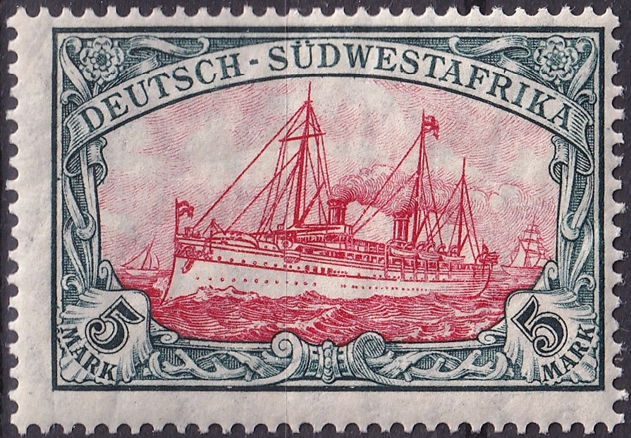1906 German Colonial South West Africa Steamship 5 Mark Scott DR-SWA 34: This impressive high value postage stamp was issued in 1906 for German South West Africa during the peak period of German colonial administration in southern Africa and represents the iconic Steamship