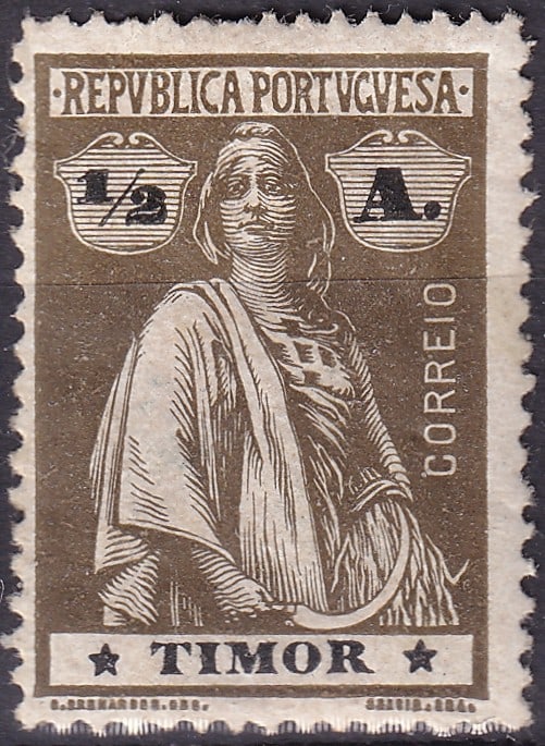 Portuguese Timor 1922 Ceres half Avo overprint olive brown SG TL 211: Issued in 1922 for the Portuguese colony of Timor this classic Ceres definitive belongs to the most iconic group of Portuguese colonial issues symbolizing agriculture harvest and the personification o