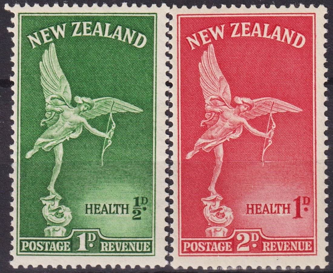 British New Zealand 1947 Health Stamps, Eros Design, Scott B30-B31, Mint: Issued on October 1, 1947, this semi-postal set from New Zealand features the mythological figure of Eros, symbolizing health, vitality, and care for the nation’s children. Designed by James Berry a