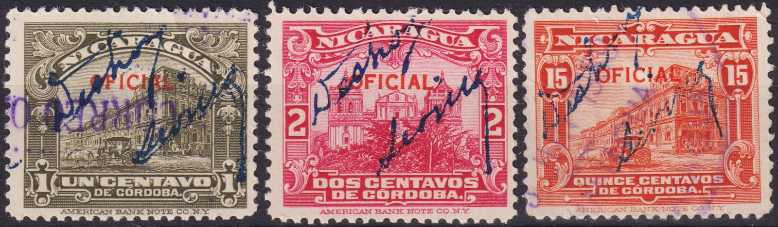 Nicaragua 1933 Official Overprints with Deshon & Sevilla Signatures (Scott O333/O339a/O814): A remarkable trio of Nicaragua’s 1933 official issue stamps featuring the iconic National Palace and associated government architecture, each bearing the distinctive manuscript signatures of “Desh