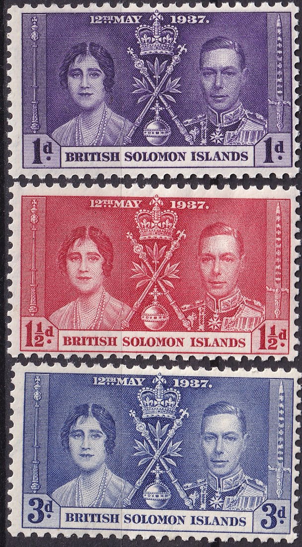 1937 Solomon Islands Coronation Set King George VI & Queen Elizabeth Scott 64–66: This complete commemorative set was issued by the British Solomon Islands on May 13, 1937 to celebrate the Coronation of King George VI and Queen Elizabeth. Printed by Bradbury, Wilkinson & Co. Ltd in