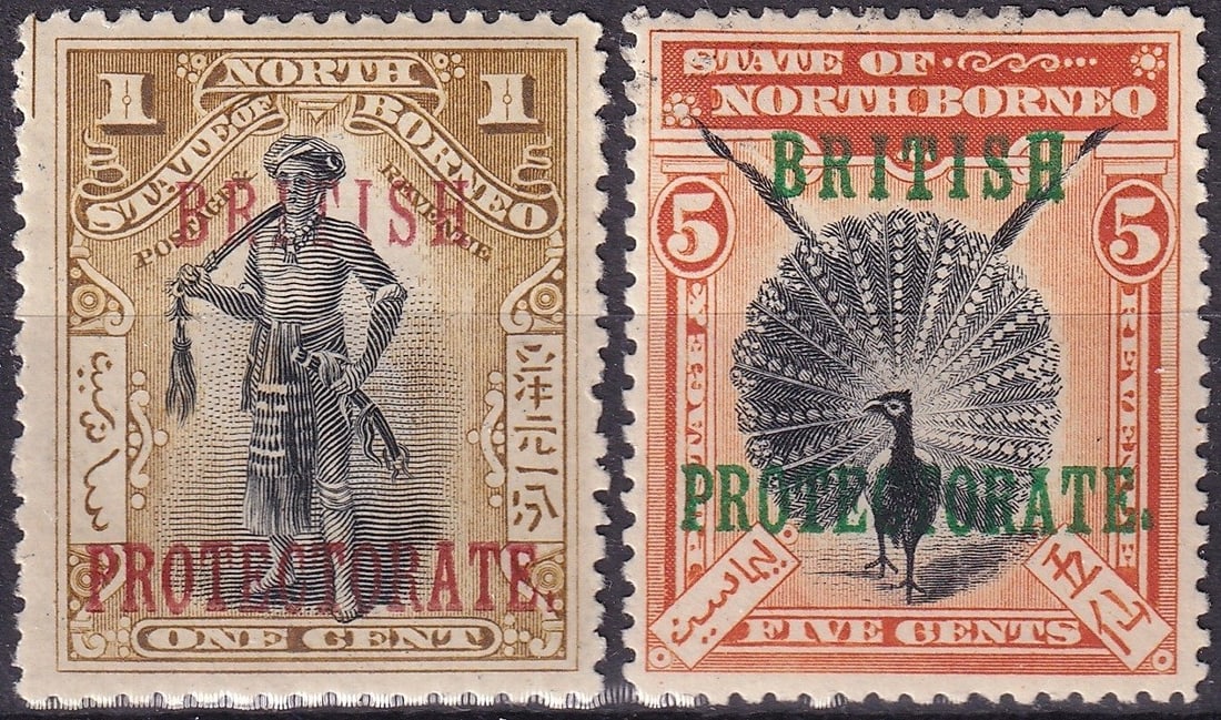 North Borneo 1901 Pictorial Definitives Scott #105 & #131 BRITISH PROTECTORATE Opt. MNH: Offered here are two attractive stamps from the North Borneo Pictorial Definitives of 1897–1902, both issued with the overprint “BRITISH PROTECTORATE” on 8 October 1901. Printed by Waterlow