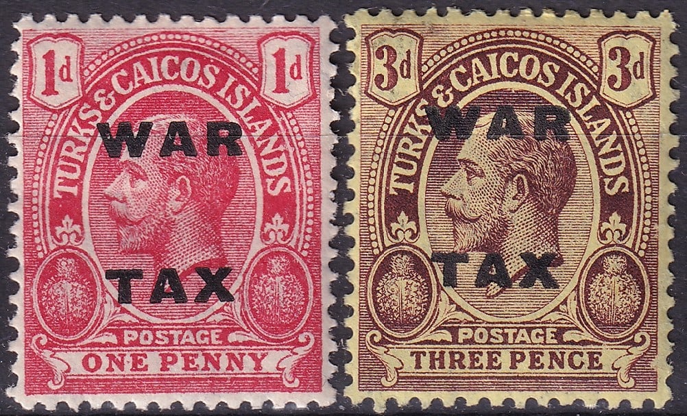 1918 Turks and Caicos King George V War Tax Scott MR7 MR8 MH: These two attractive War Tax issues from the Turks and Caicos Islands were produced during the final years of the First World War when many British colonial territories introduced special surcharges a