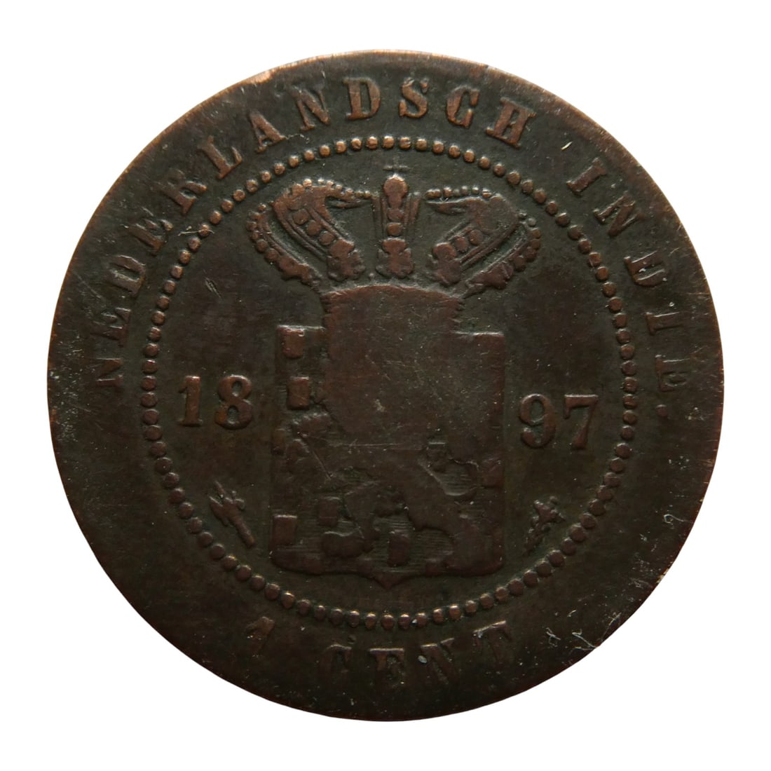Netherlands colonial East Indies 1 Cent Copper Coin 1897, Wilhelmina I, KM#307.2: This 1 Cent coin from the Netherlands East Indies, struck in 1897 during the reign of Queen Wilhelmina I, represents a classic issue of colonial currency designed for widespread circulation in Southea