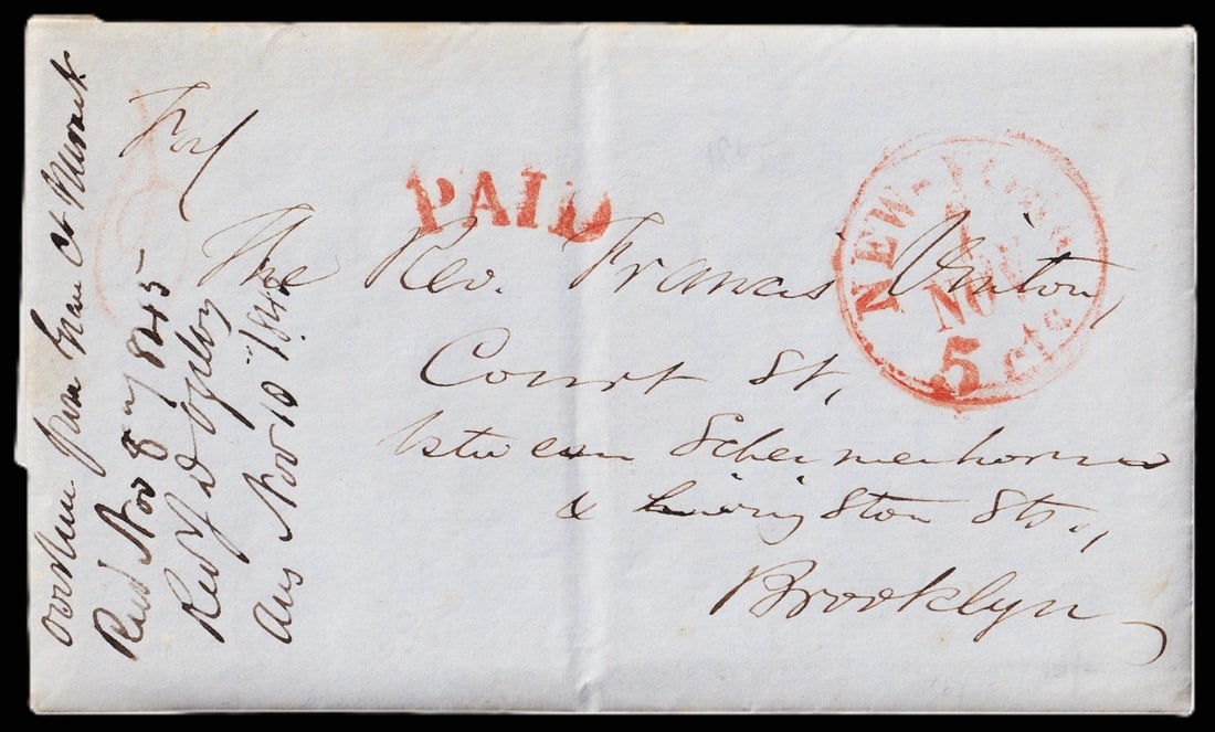 1845 Folded Letter Sheet, New York to Brooklyn, Red print PAID Mark (1 of 5)