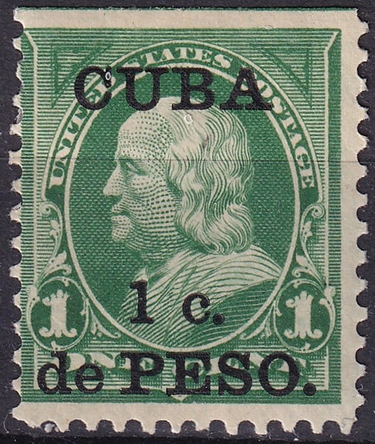 US 1899 Cuba 1c on 1 c Franklin OVP, Puerto Principe, Scott CU 221: This mint stamp from Cuba, issued in 1899 under U.S. administration, features a bold black overprint reading "CUBA / 1 c. / de PESO." on a 1? green U.S. definitive stamp depicting Benjamin Franklin. I