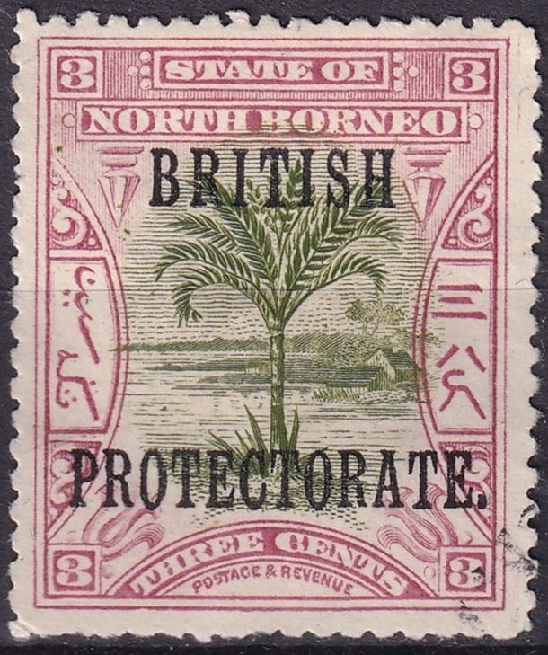 1901 North Borneo 3c British Protectorate Overprint, Scott #107: Issued in 1901 during the British Protectorate period, this North Borneo 3 cent stamp (Scott #107, Michel NB 99, Stanley Gibbons NB 129, Yvert et Tellier NB 114) forms part of the pictorial definitive