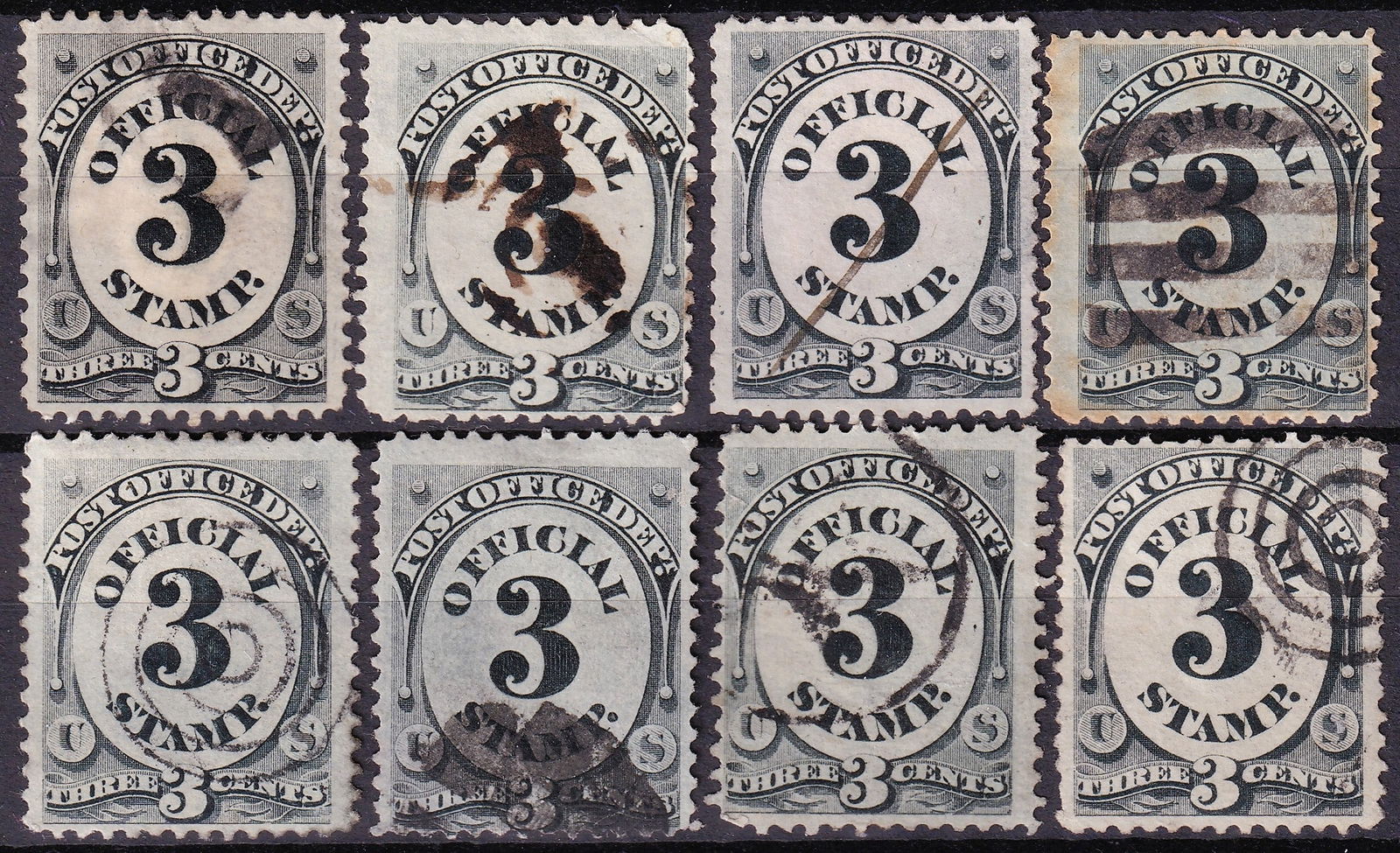 US 1879 Official Post Office Stamps, Lot of 8, 3 cent Black, Scott O108: This lot features a group of eight used 3? official stamps issued by the United States Post Office Department in 1879. Printed by the American Bank Note Company, these official stamps (Scott O108) dis